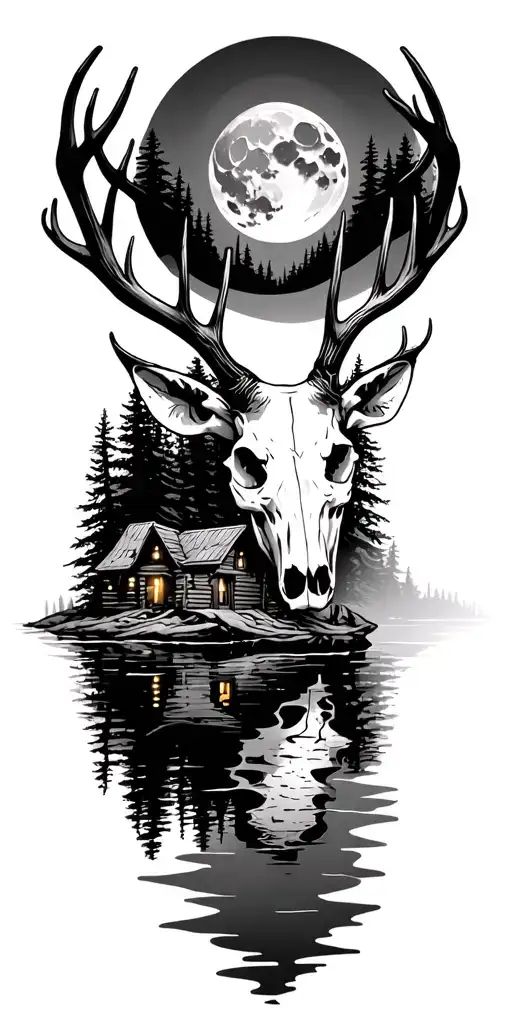 Deer Skull With Moon Over A Cabin On A Lake Surrounded By Dense Forest