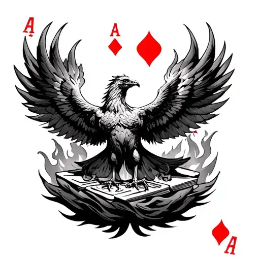 Phoenix Rising From Playing Cards That Are On Fire