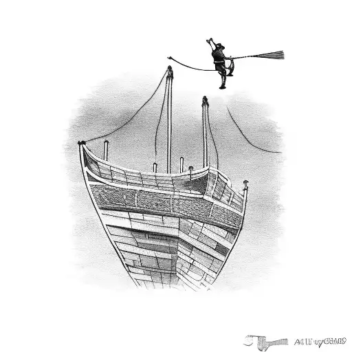 A Window Cleaner Climbing A Skyscraper With A Viking Ship In The Background