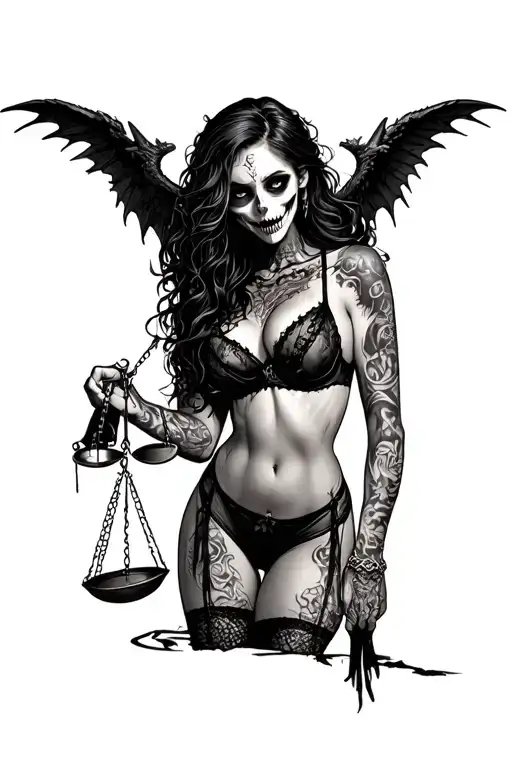 Scary Girl In Sexy Lingerie With Demon Wings Holds Scales Of Justice