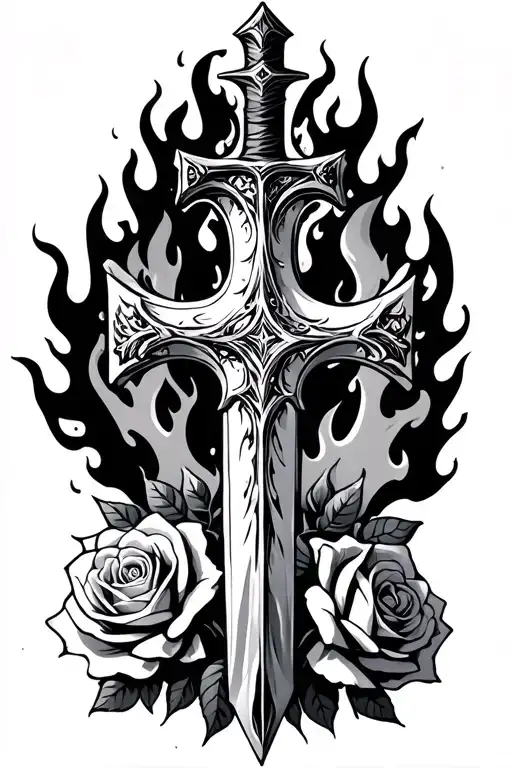 Cross Engraved On A Flaming Sword Surrounded By Burning Roses