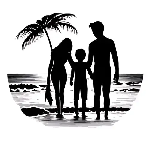 Family Silhoutte Mom Dad Son On Beach