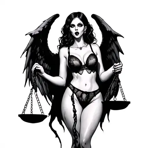 Scary Girl In Sexy Lingerie With Demon Wings Holds Scales Of Justice