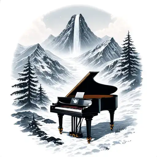 Piano In Snowy Mountain With Waterfall And Storm