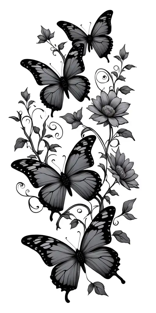 7 Butterflies With Vines And Flowers Intertwined