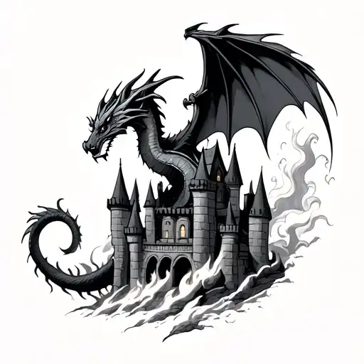 Dragon Flying Out Of Burning Castle
