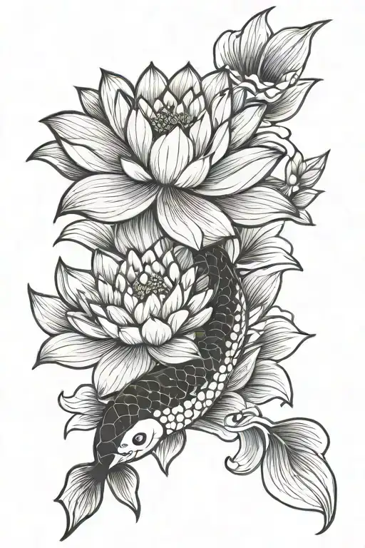 Japanese Traditional Lotus Flowers And Koi Fish