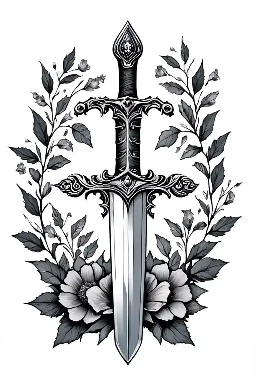 European Knight Sword With Leaves And Flowers Around It