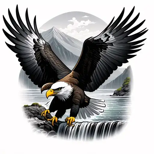 Bald Eagle Soaring By Waterfall