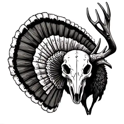 Whitetail Skull Surrounded By Turkey Fan