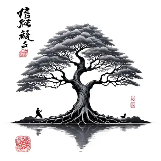 Family In Kanji With Tree Of Life With Roots With Lake At The Bottom