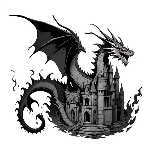 Dragon Flying Out Of Burning Castle