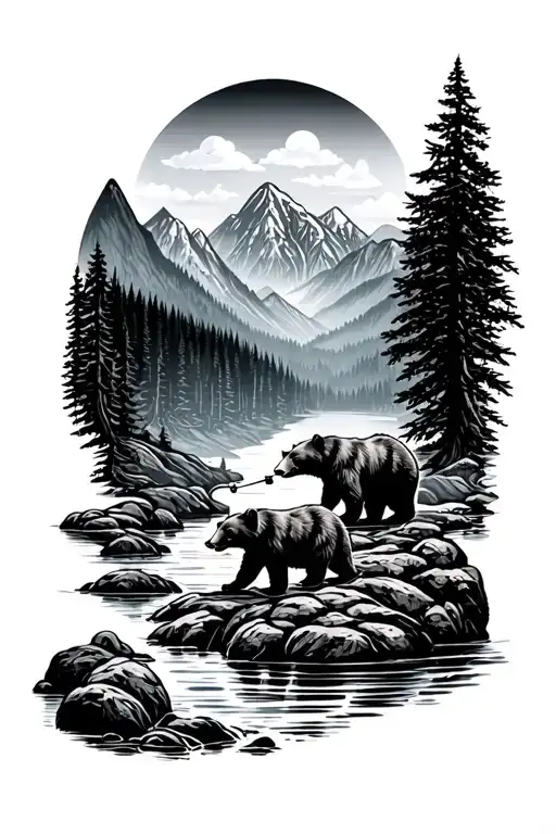 Forest Stream Mountains With Bears Fishing