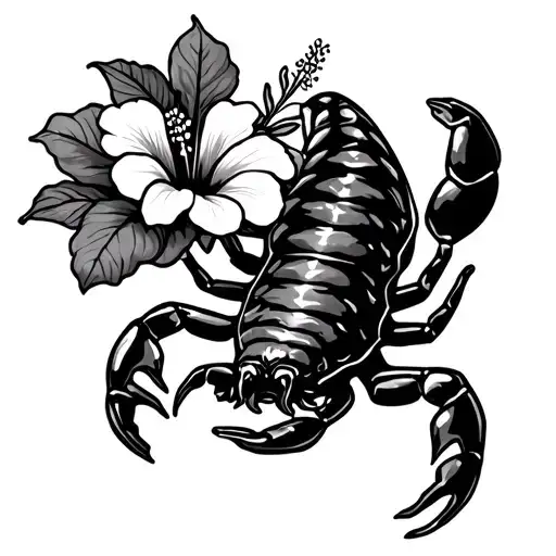 Scorpion With Hibiscus Flower Growing In Fine Line