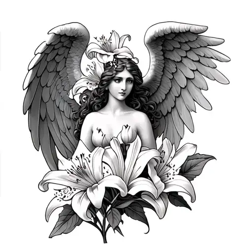 Leg Sleeve With Lily Flowers And Old Style Angel