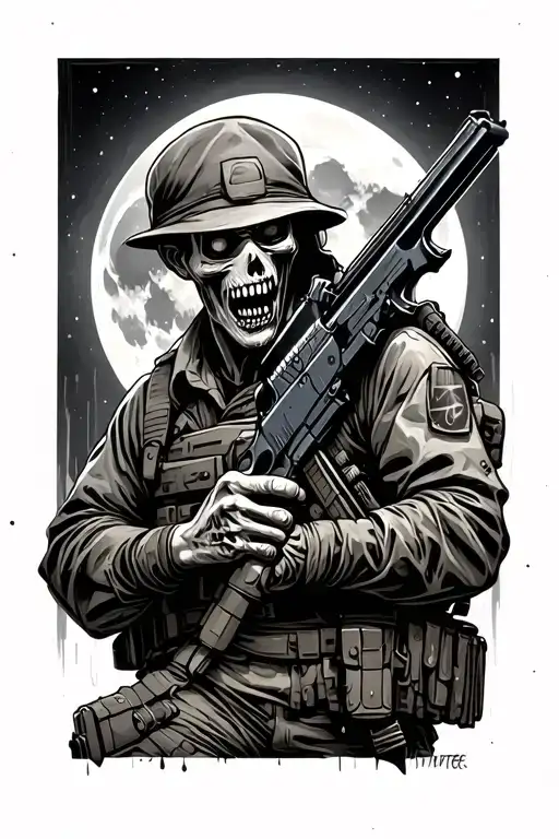 Zombie Soldier Holding A Gun With The Moon Behind Its Head