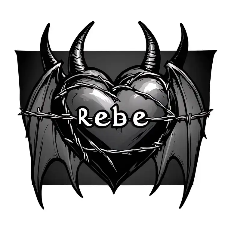 Small Barbed Wire Heart With The Name Rebe In It The Heart With Devil Horns And Bat Wings