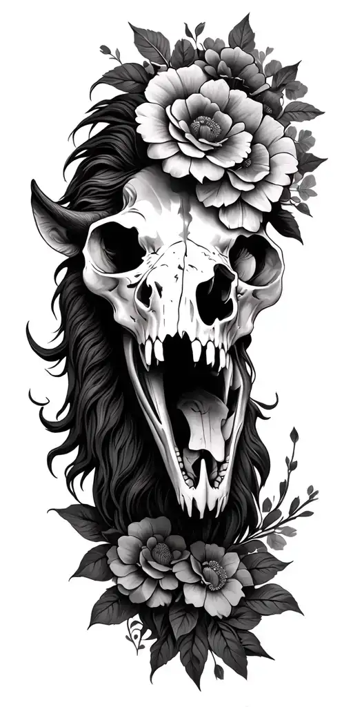 Lion Biting Longhorn Skull With Flowers