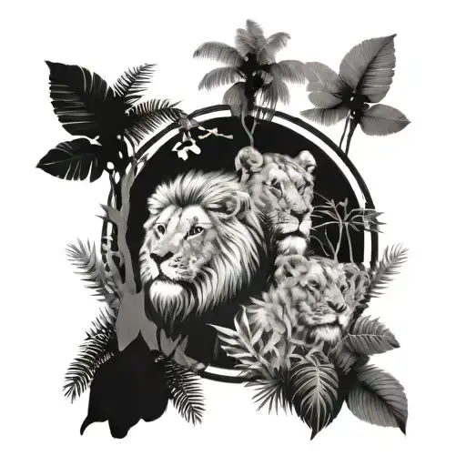 Jungle Forest With Trees And Lion And Lioness