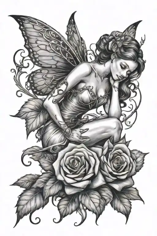 Fairy Leaning On The Stem Of A Rose