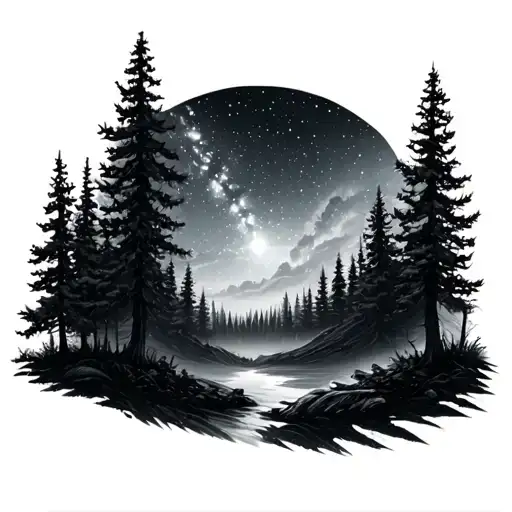 Realistic Tattoo With Forest Background And Starry Sky Showing The Stars Of The Brightest Ori