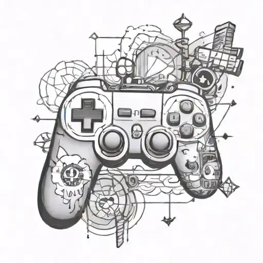 A Black-grey Tattoo Of A Gaming Controller Intertwined With Road Trip Symbols Like A Map And Compass