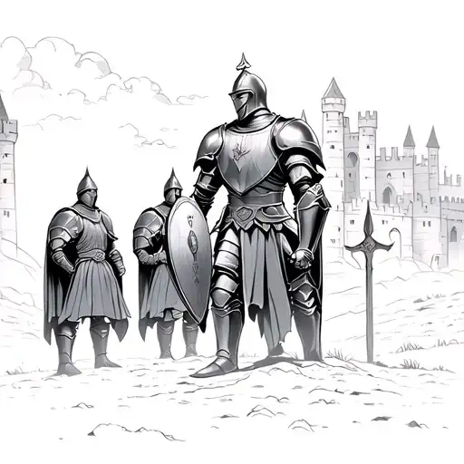 Knight In Armour And Shield Watching Three Knights With Castle In Background