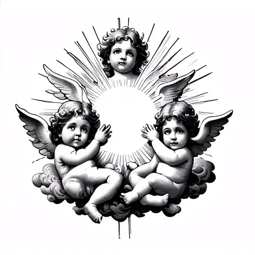 Three Cherubs With Clouds And Sun Rays Shining