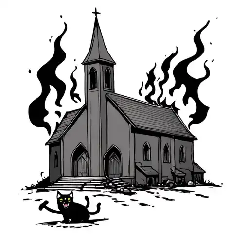 Cartoon Of A Burning Church With A Cat Laughing