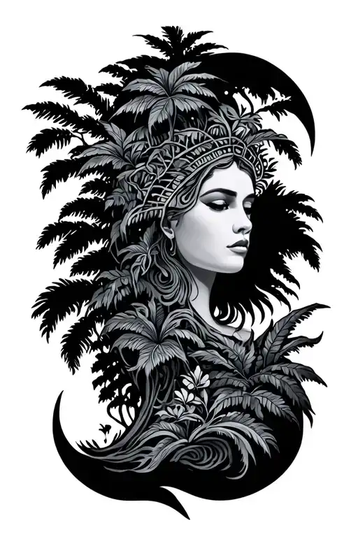 The Ornament Inside Is The Outlines Of The Night Forest And Polynesia With Shadows On The Shoulder