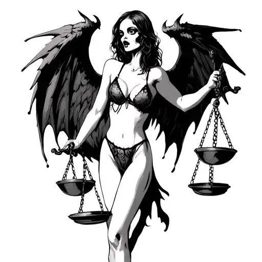 Scary Girl In Sexy Lingerie With Demon Wings Holds Scales Of Justice