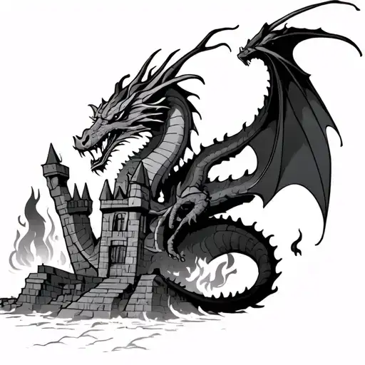 Dragon Flying Out Of Burning Castle
