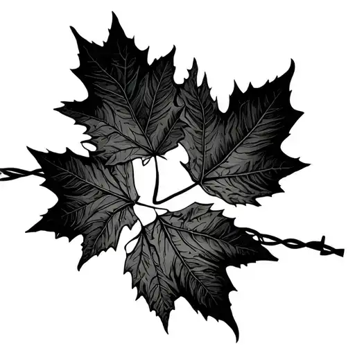 Straight Line Of Barbed Wire With Small Maple Leaves Intertwined