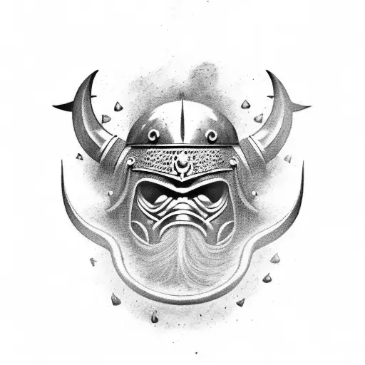 A Black-grey Tattoo Of A Viking Helmet Adorned With Symbols Of Fishing And Hiking