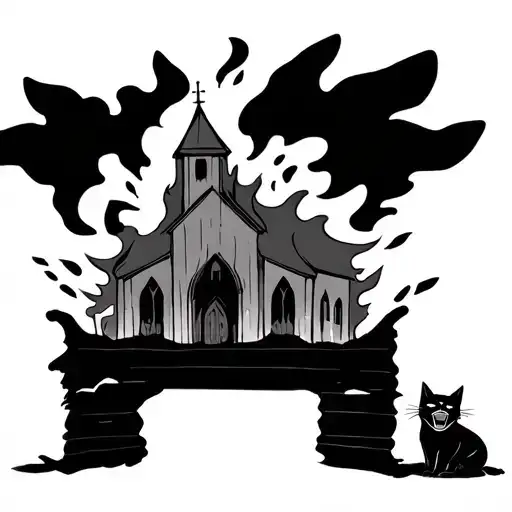 Cartoon Of A Burning Church With A Cat Laughing
