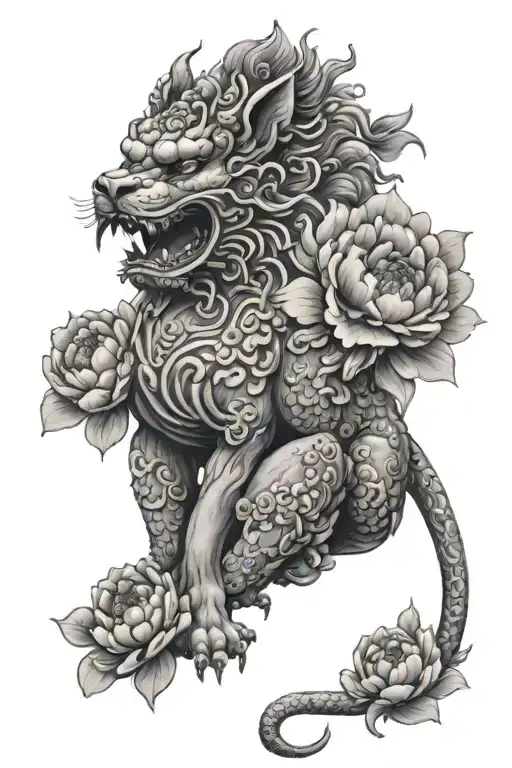 Female Foo Dog Surrounded By Peonies Flower