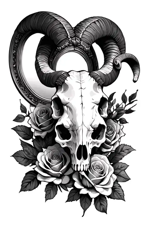 Horror Neo Traditional Ram Skull Surround By Roses With A Mirror Behind It