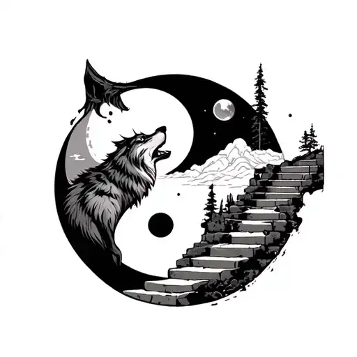 Wolf With Stairway To Heaven And Ying Yang Moon
