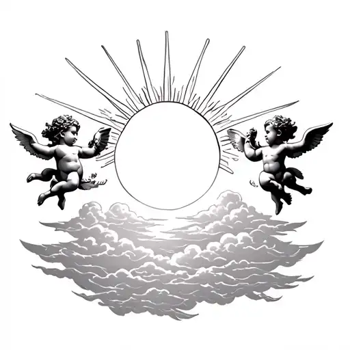 Three Cherubs Side By Side With Sun Rays Above And Clouds Below
