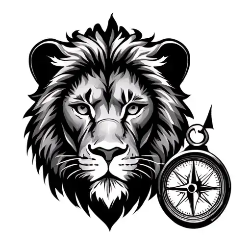 Lion Face Looking Straight With A Compass