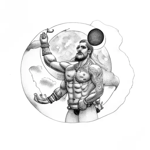 Masculine Figure Holding The Moon Above His Head