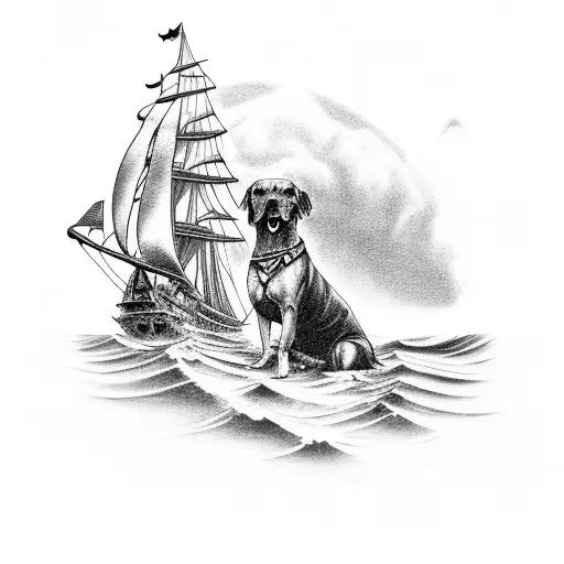 A Pirate Ship Sailing On Rough Seas With A Golden Retriever As The Captain