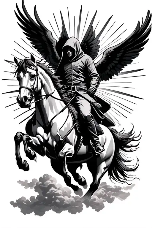 Hooded Horse Rider Riding Awaangel Of Death With Sunrays And Clouds