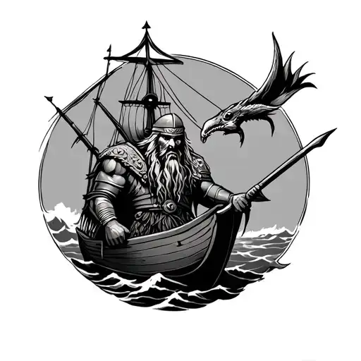 Viking Warrior With Drakkar Ship