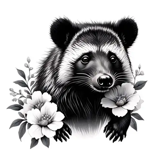 Binturong In Black And White Realism With Flowers Around It
