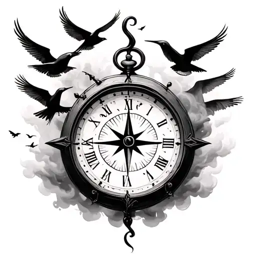 Broken Clock And Birds Flying Away With A Compass In The Backround Covered By Smoke