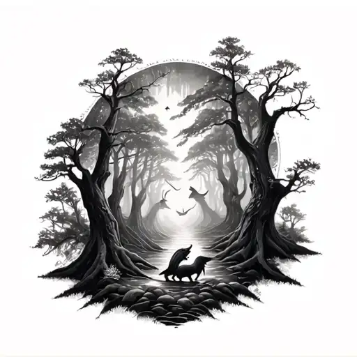 I Want A Tattoo Of Large Dimensions On The Back That Is A Forest With Magical Creatures