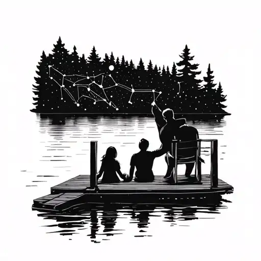 Father Daughter Silhouette Sitting On Lake Deck With Father Pointing Up At Constellation