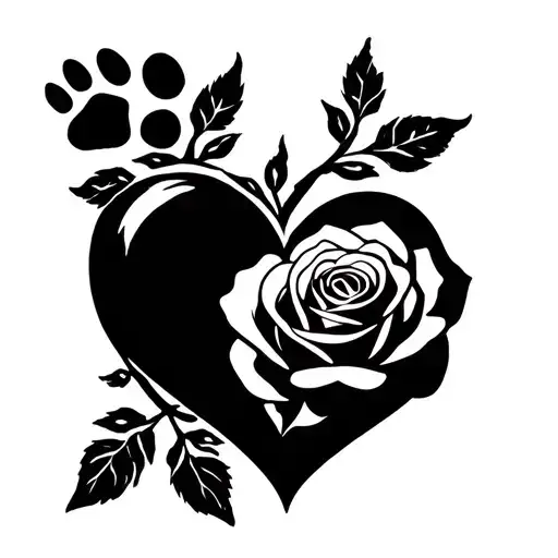 Heart With Rose Intertwined And Dog Paw Print Minimalistisch
