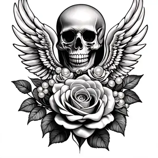 Skull Wings Roses Pearls